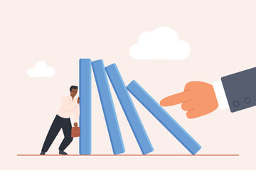Businessman preventing falling dominoes with large hand pushing, symbolizing proactive crisis management, risk prevention, and overcoming business challenges, vector illustration