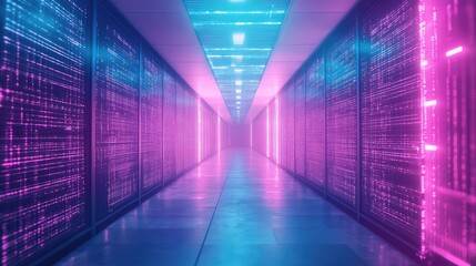 Server racks in data center with glowing lines