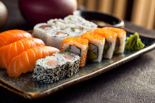 Sushi Assortment: A mouthwatering array of sushi rolls, each artfully crafted with fresh ingredients, is elegantly presented on a rectangular dish.