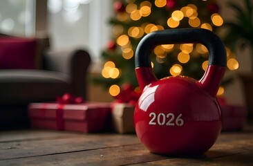 Red sports kettlebell with the numbers 2026 on the background of a Christmas tree. Fitness card for the new year. The concept of sales and discounts for fitness and gyms for the New Year holidays