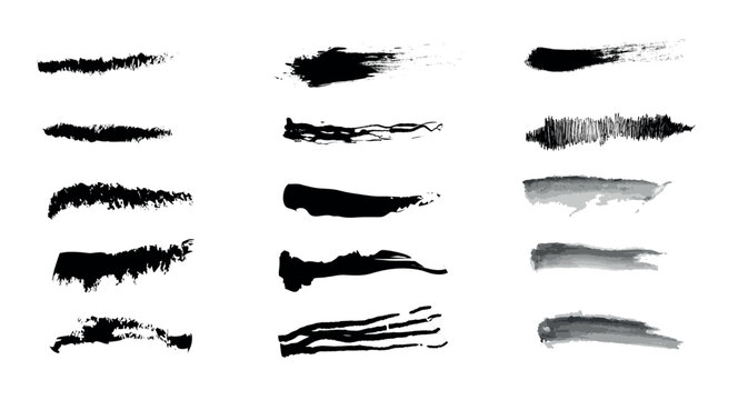 Collection of various hand drawn ink brush strokes and grunge lines for artistic design, painting, or creative backgrounds, isolated on white background vector illustration