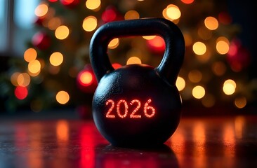 Fitness kettlebell with red numbers 2026 on the background of a Christmas tree. Sports card for the new year