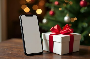 mobile phone stands on a table next to a white box and a red bow for New Year's gifts against the background of a Christmas tree, holiday gift advertising, mobile applications
