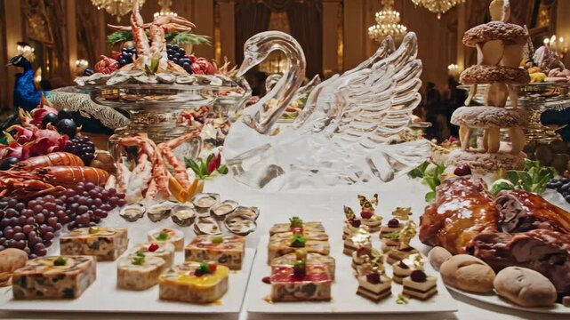 A stunning array of colorful dishes and desserts fills the table in a grand ballroom adorned with chandeliers. Exotic fruits, seafood, and intricately crafted sweets create a feast for the senses.