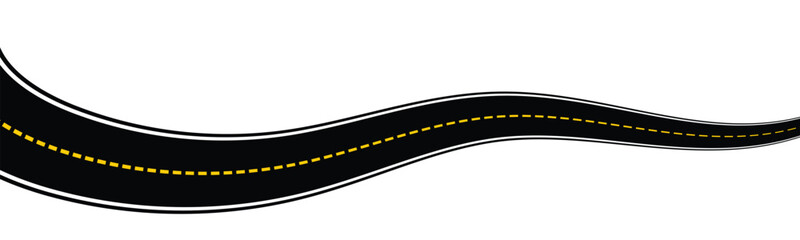 Winding road. Traveling along a curved highway. Background of the road to the horizon in perspective. Curvy asphalt empty line isolated vector concept.