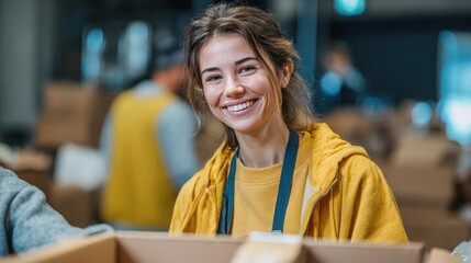Young cheerful volunteer working at charity center and giving free food donation box for people in need in charitable foundation. Humanitarian aid, volunteering and social help for poor concept.