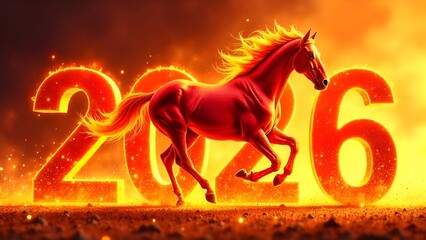 Golden horse gallops against the background of glowing numbers 2026. Greeting card for New year