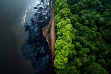 Industrial waste polluting a body of water next to a vibrant green forest, showing environmental contrast