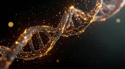A high-detail 3D DNA strand rotating in slow motion with glowing particles and biological data overlays. The camera moves in a smooth orbit, creating a futuristic scientific visualization - Powered by Adobe