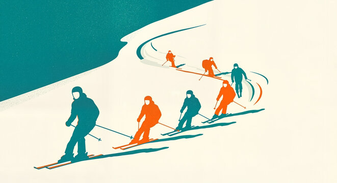 A retro illustration of a ski instructor with group of students skiing down a slope, a stylish graphic for resort marketing and travel posters.