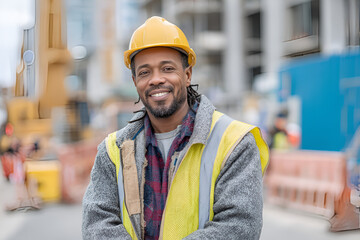 Smiling Construction worker: An construction worker in a yellow safety helmet smiles warmly at the camera, embodying the dedication and expertise of the construction profession.