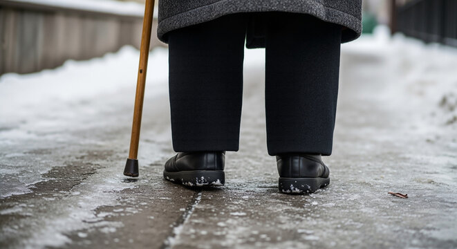 A low-angle shot of an Elder with crutch in snow navigating a slippery sidewalk, a photo for articles on winter safety and mobility challenges.