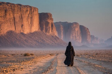 Person in abaya walking on a desert path towards mountains during sunset