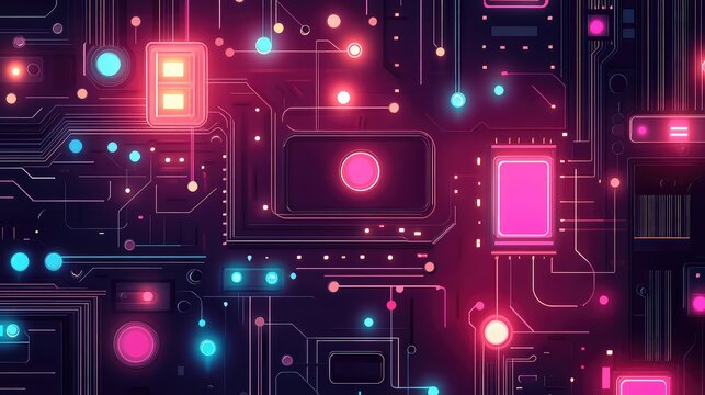 Abstract glowing neon circuit board with data flowing