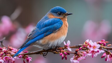 Vibrant blue and orange bird perched on blooming pink flowers branch showcasing natural wildlife scenery and colorful avian beauty in outdoor habitat