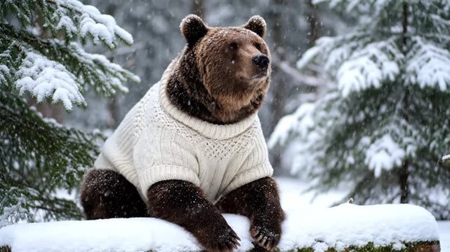 Brown bear in cozy white knit sweater sits in snowy winter forest