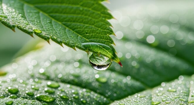 Hyper Realistic Macro of a Single Water Droplet Hanging from a Leaf Edge with Morning Dew and Soft Bokeh Light in Crisp Detail
