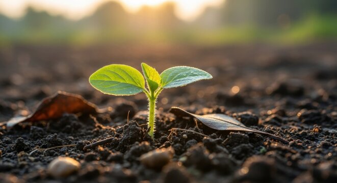 Young Plant Growing Among Fallen Leaves on Forest Floor with Sunlit Beams Through Trees in Warm, Realistic, Extremely Detailed Photography