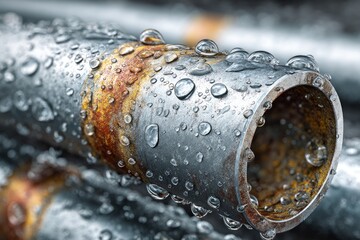 Corroding metal pipe covered in water droplets with rust texture