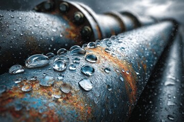 Water drops accumulating on rusty industrial pipes, highlighting corrosion and wet texture