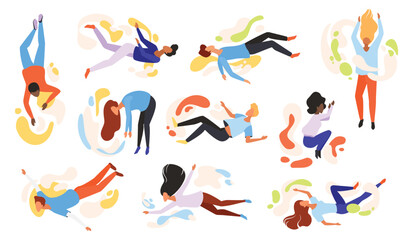 People flying set vector illustration. Cartoon isolated young woman and man floating in imagination space, characters falling down in gravity, free jump and flight action of person in fantasy sky