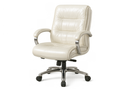 Cream executive office chair with leather upholstery and metallic details providing comfort and ergonomic support, transparent background