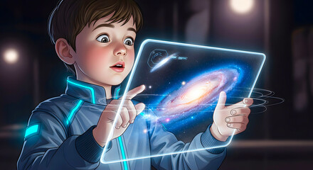Curious young boy explores the vastness of the galaxy on a futuristic holographic display, touching the stars with wonder