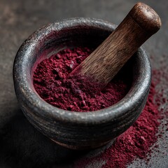 High angle close up of Dragons Blood resin powder in mortar