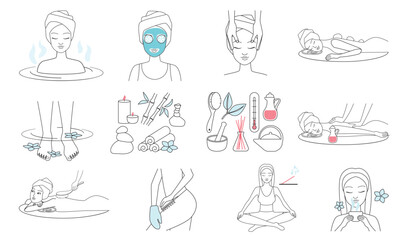 Wellness and spa procedures for skin line icons set vector illustration. Hand drawn outline beauty massage and mask for face, physiotherapy and bath, herbal tea and stone therapy for girls to relax