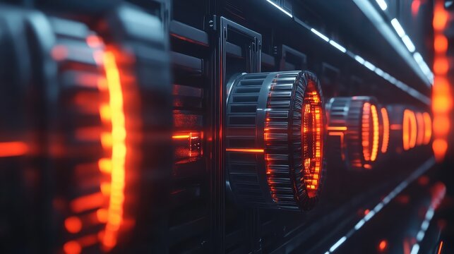 Server rack glowing with hot operating data processing