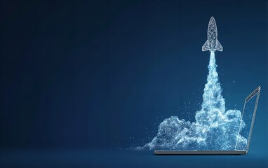 Digital rocket launching from a laptop screen against a dark blue background representing technology startup and innovation concept