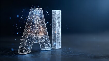 Futuristic ai concept with glowing wireframe letters on a dark blue background showcasing artificial intelligence and technology innovation