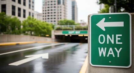 Green one way road sign directing traffic left on wet asphalt road with blurred urban buildings and trees in the background, emphasizing traffic regulations and safety