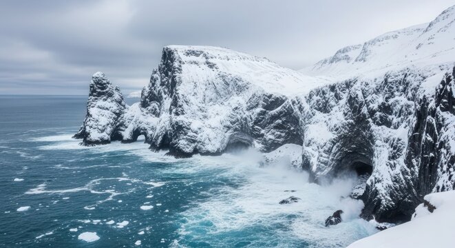 Snow covered cliffs battered by waves on a cloudy day - Powered by Adobe
