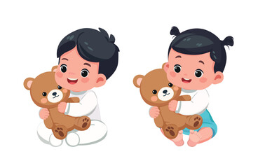 Fototapeta premium baby boy and girl playing with teddy bear