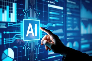 Hand touching glowing ai chip on futuristic digital screen with data charts