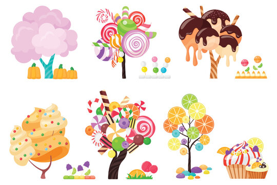 Candy trees set. Fairy plants of magic confectionery land with whipped cream swirls and chocolate glaze, lollipop and marshmallow, candied fruit slices and cupcake cartoon vector illustration