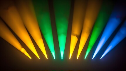 The image displays vibrant beams of light in a spectrum of colors, creating a dynamic visual effect against a dark background, reminiscent of a theatrical stage.