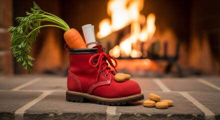Obraz premium Childrens shoe and pepernoten for Sinterklaas and carrot for horse treat stands in front of hot fireplace. Celebration concept for children party in Saint Nicolas day five december.