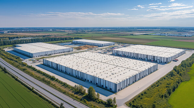 Panoramic aerial view of a large industrial park with multiple warehouses and loading bays, showcasing logistics and distribution