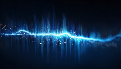 Abstract blue sound wave visualization with glowing particles and vertical lines on a dark background for technology and science themes