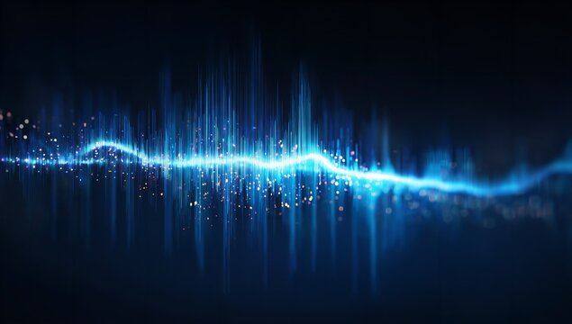 Abstract blue sound wave visualization with glowing particles and vertical lines on a dark background for technology and science themes