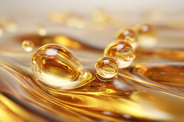 Golden translucent liquid drops flow smoothly across a rich amber wavy surface creating elegant reflections and a vibrant abstract pattern