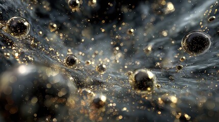 Golden glitter bubbles floating in dark liquid