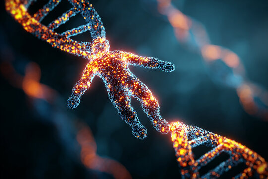 Luminous human form made of glowing particles intertwined with an abstract DNA helix structure symbolizing life and genetics