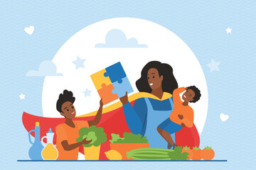 A mother depicted as a superhero with her children, engaging in various activities like cooking and playing, highlighting strength, care, and family unity vector illustration.