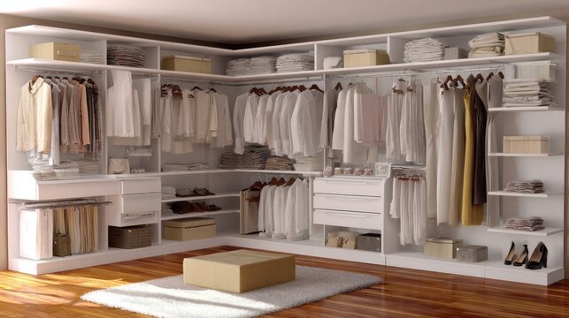 A spacious walk-in closet filled with neatly arranged clothing and accessories. Custom shelves and drawers enhance accessibility, creating a bright and inviting atmosphere for effortless organization