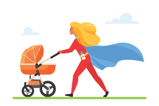 Superhero mother pushing stroller with newborn baby. Strong supermom wearing protective cape of super hero and walking with kids carrier, love and protection from mom cartoon vector illustration
