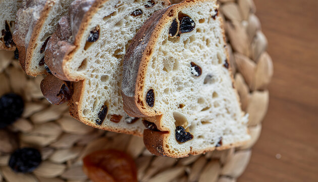 Close Top-Down Image of Patyr Sweet Bread with Raisins