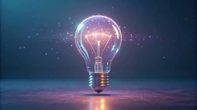 Glowing light bulb illuminates with digital particles and ideas